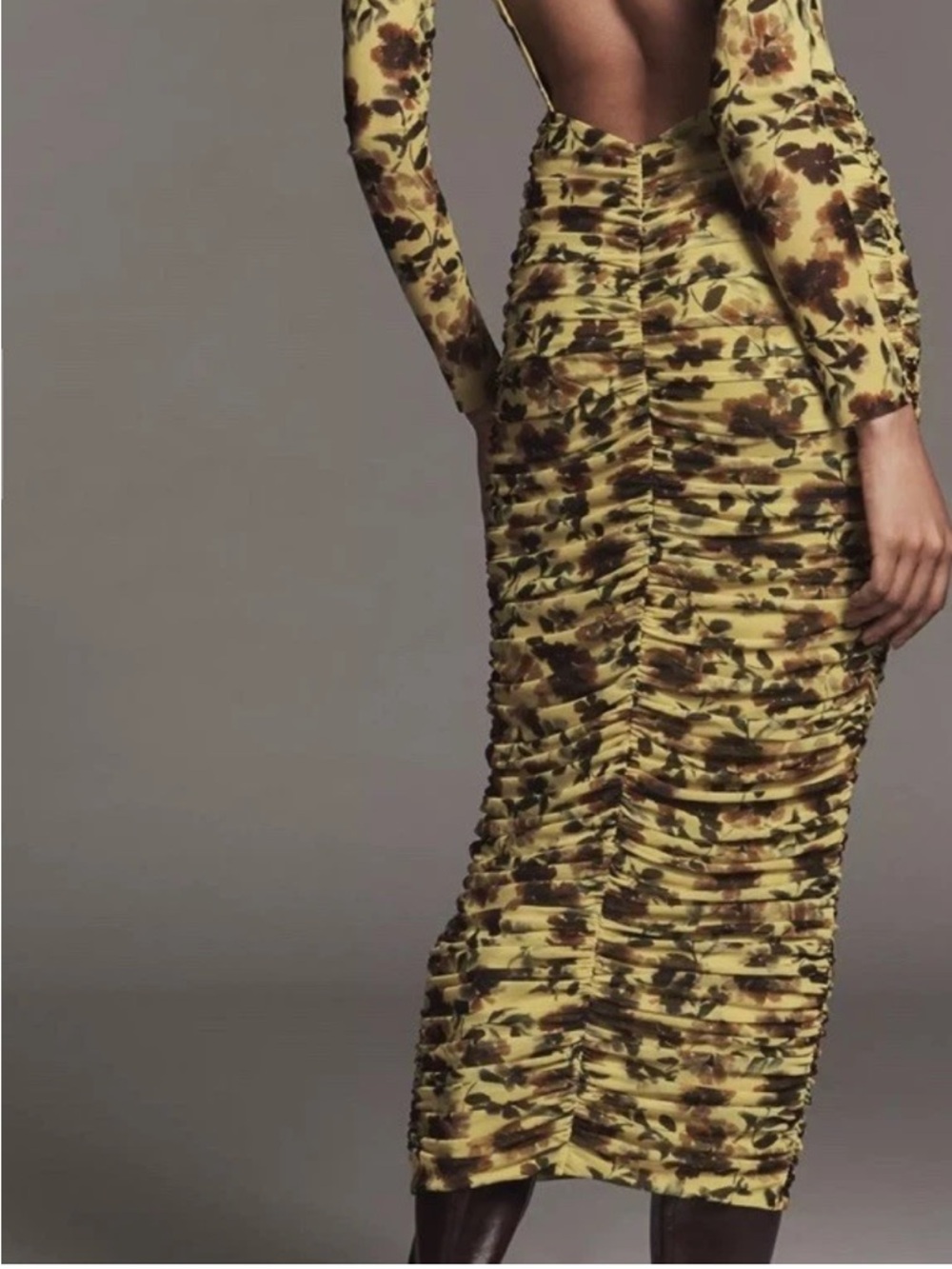 AFRM Cruz Anthropologie Yellow Mesh Floral Maxi Cut Out Back Dress Large New NWT - Picture 6 of 16
